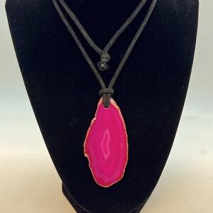 Pink Fuchsia dye agate slab in a cord necklace